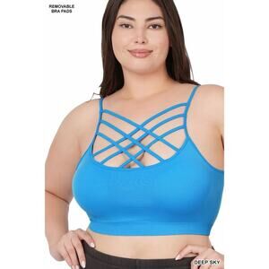 1X/2X Deep Sky Triple Criss Cross Bralette + bra pads Zenana wireless seamless